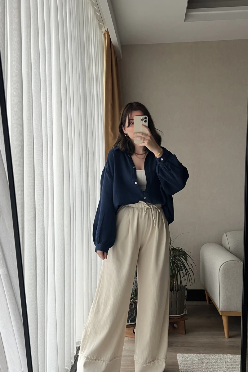 Krem Gabardin Paça Detaylı Bol Pantolon