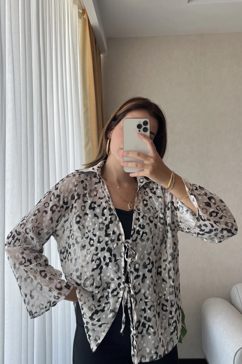 Krem Leopar Model Transparan Gömlek