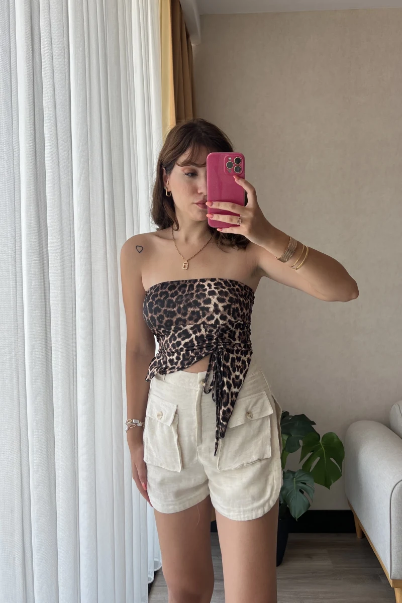 Krem Müslin Keten Karışımlı Şort