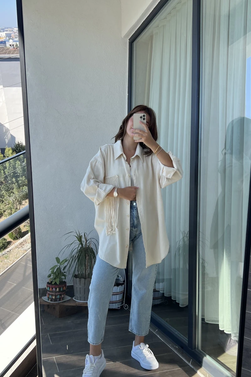 Krem Püsküllü Keten Gömlek