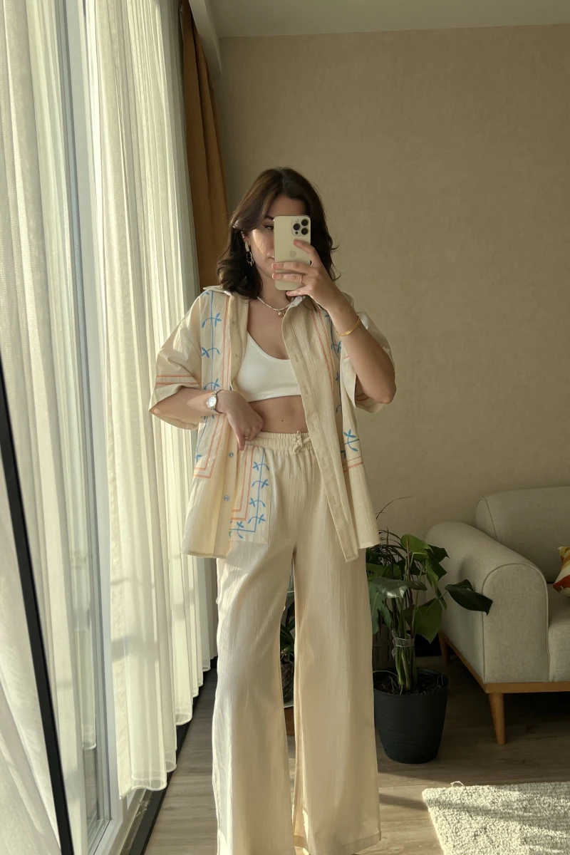 Krem Rengi Etnik Desenli Kimono Pantolon Takım