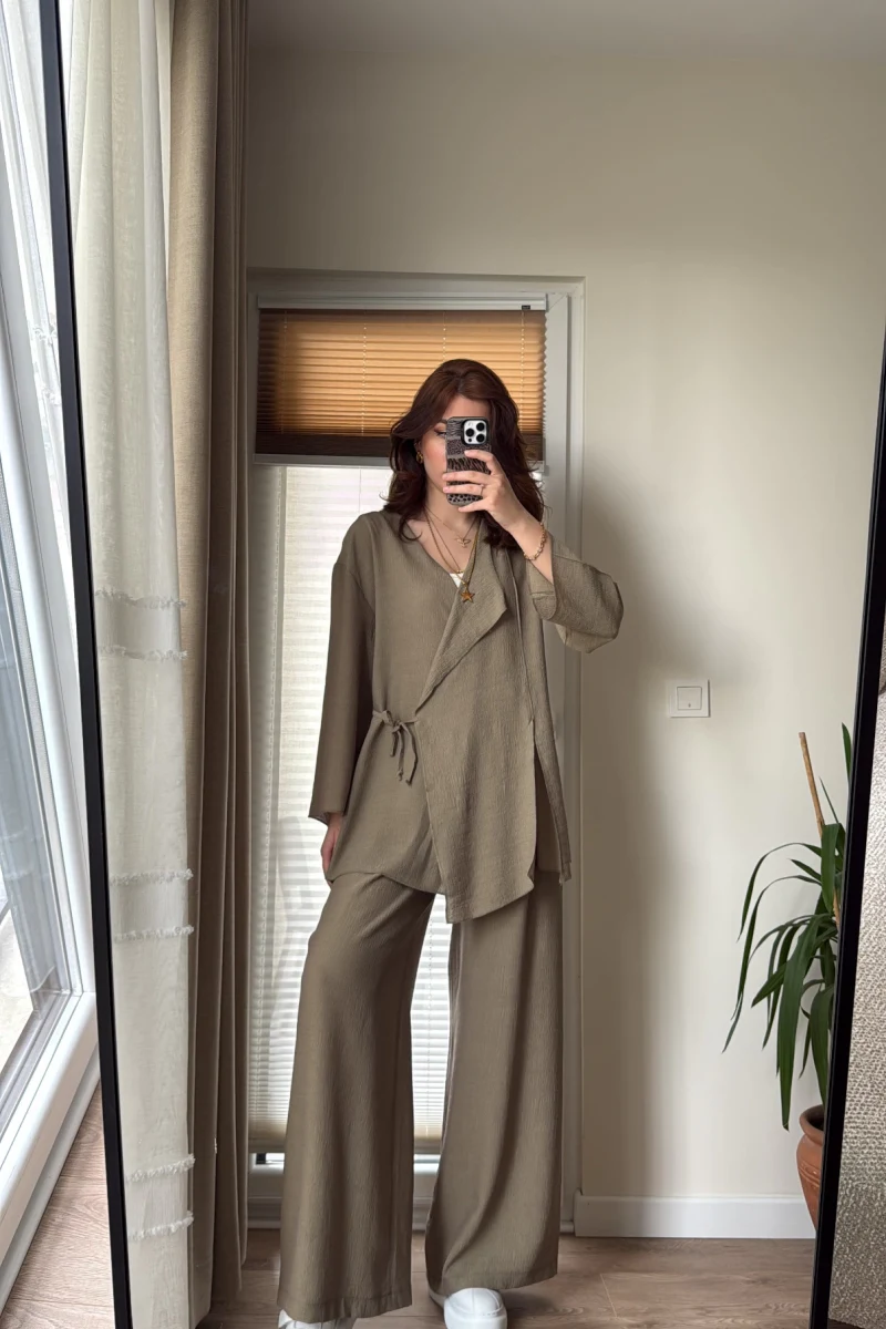 Krinkıl Viskon Kimono Takım Haki (KOD: 51109)