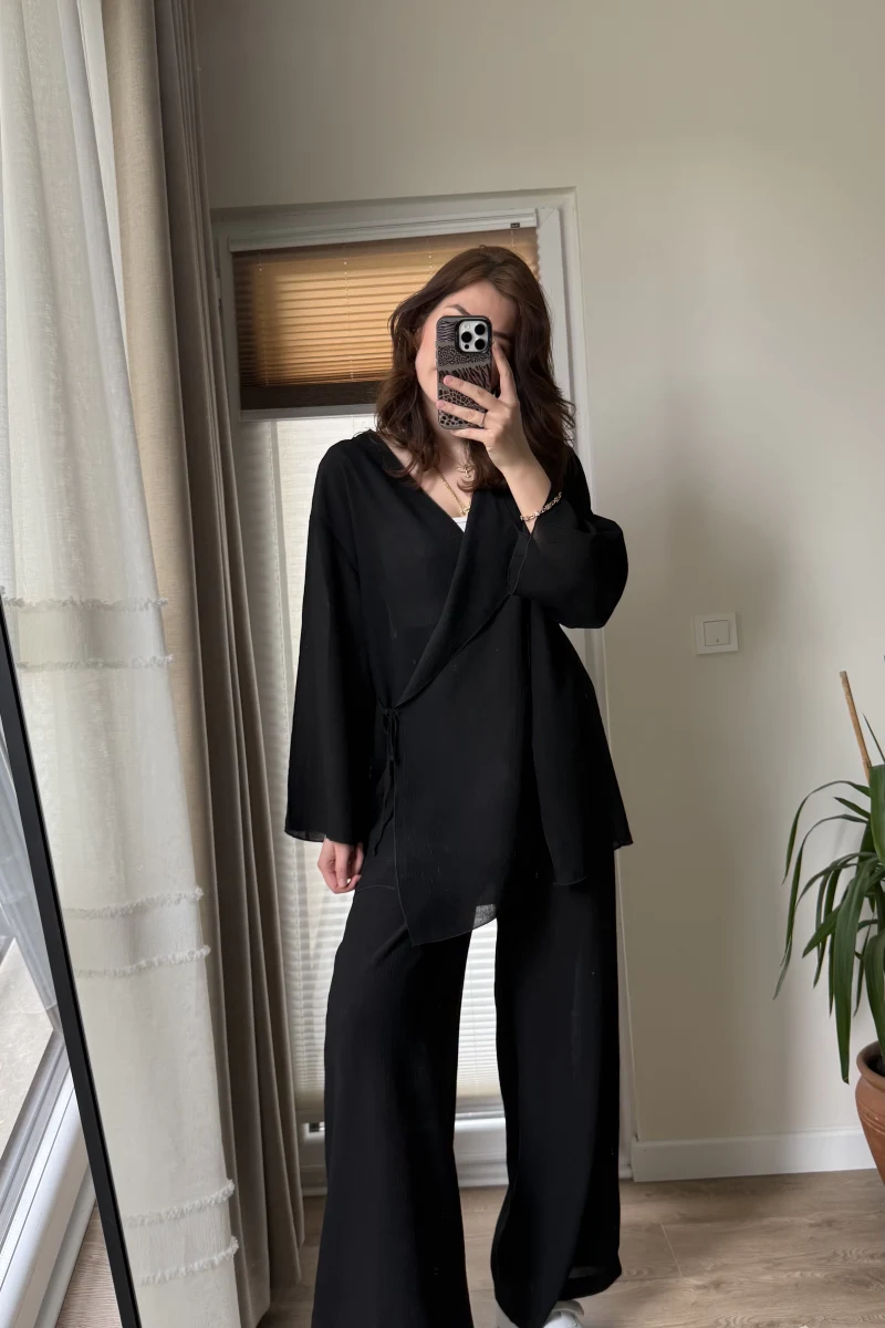 Krinkıl Viskon Kimono Takım Siyah (KOD: 51109)
