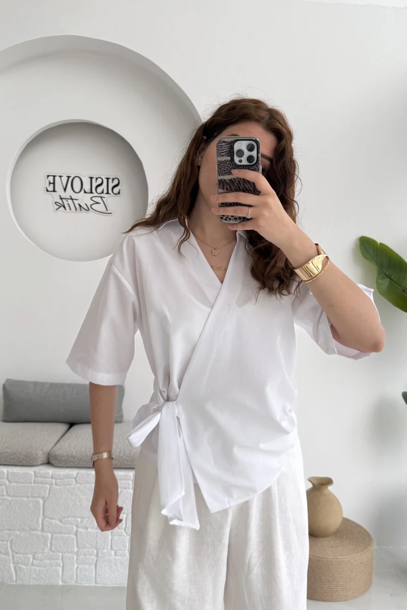 Kruvaze Yaka Bağlamalı Bluz - Beyaz - 1021