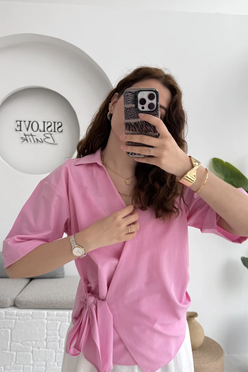 Kruvaze Yaka Bağlamalı Bluz - Pembe - 1021