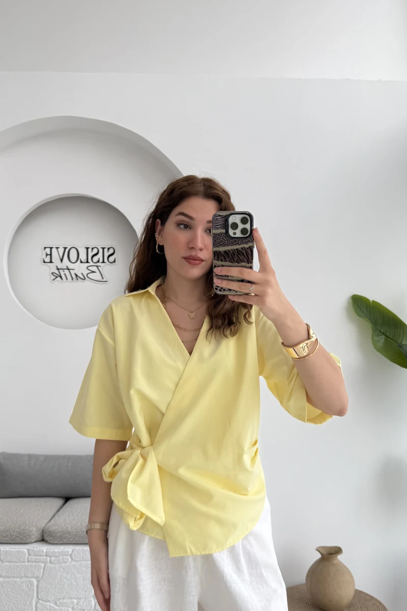 Kruvaze Yaka Bağlamalı Bluz - Sarı - 1021