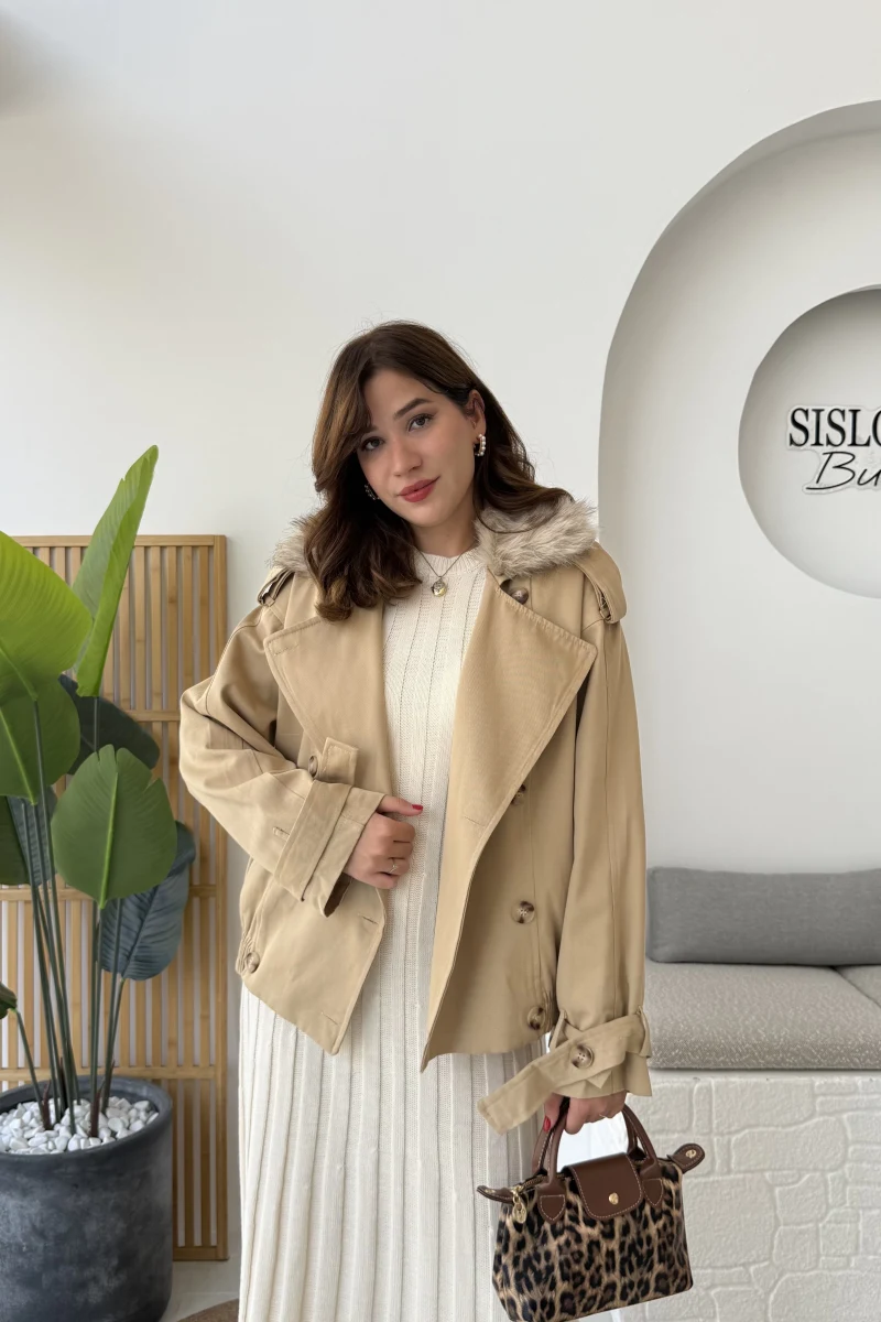 Kürk Yakalı Trençkot - Vizon - Kod: 508232