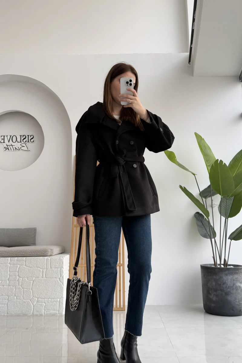 Kuruvaze Kısa Kuşaklı Kaban - Siyah - Kod: 7676