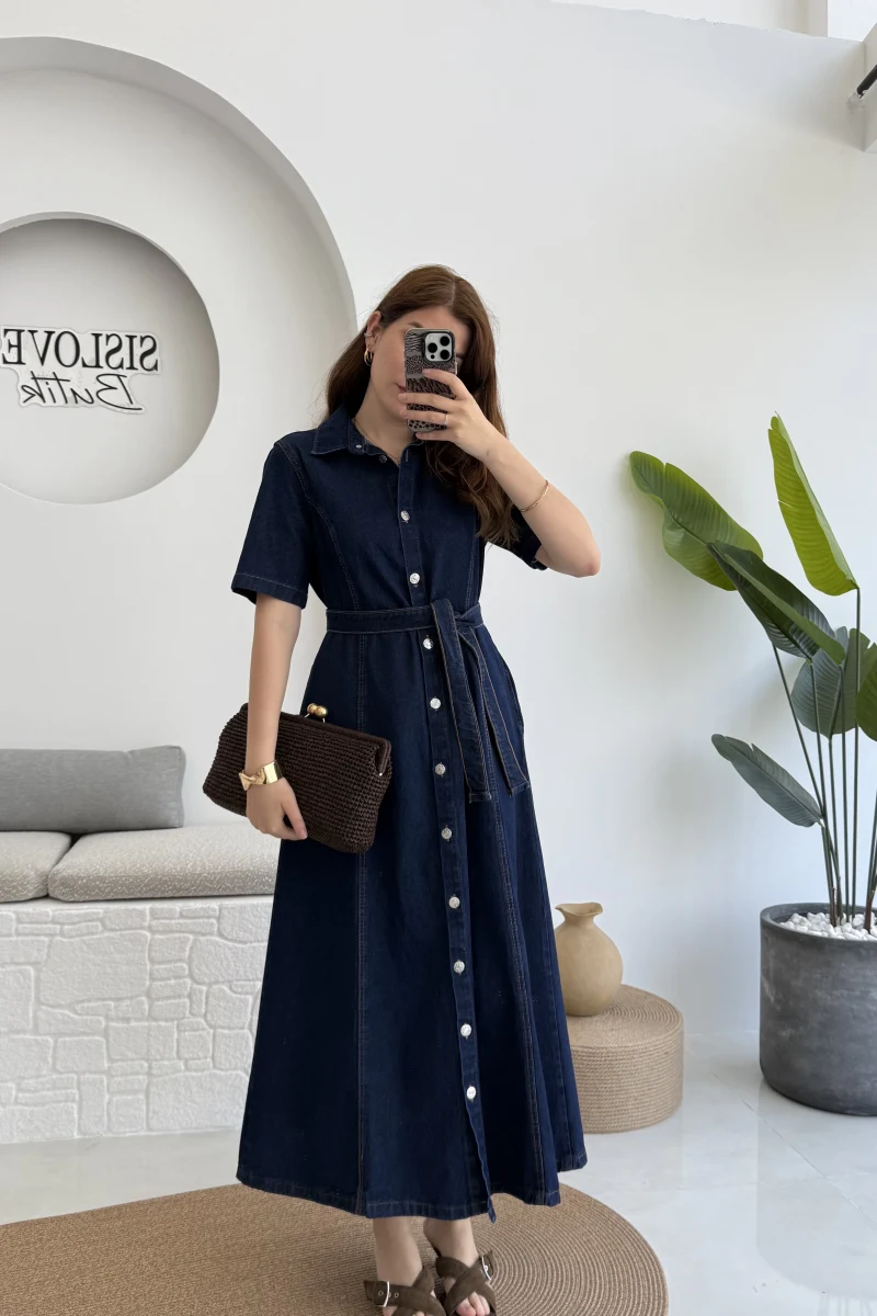 Kuşaklı Denim Uzun Elbise