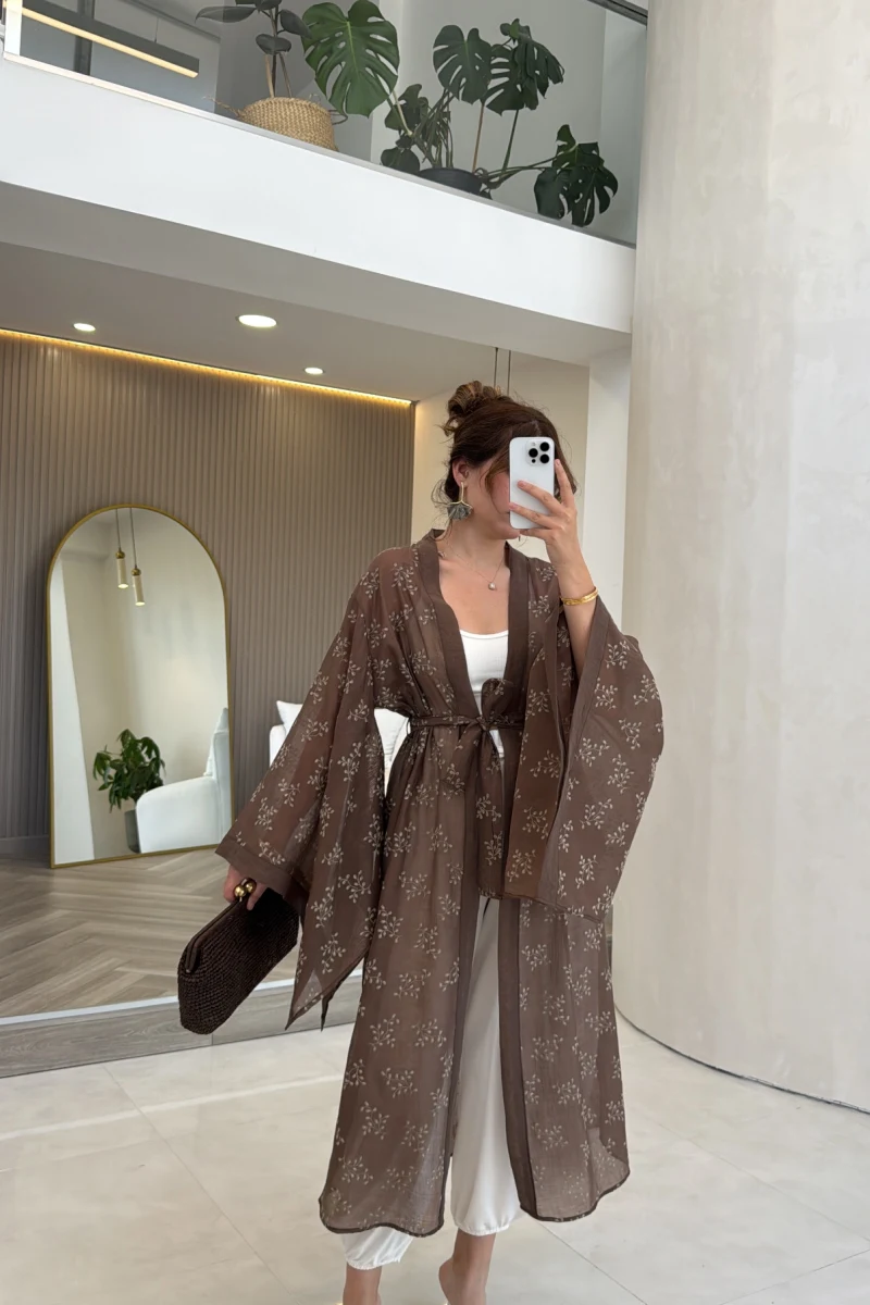 Kuşaklı Nakış İşlemeli Kimono - Kahve - Kod: 5097