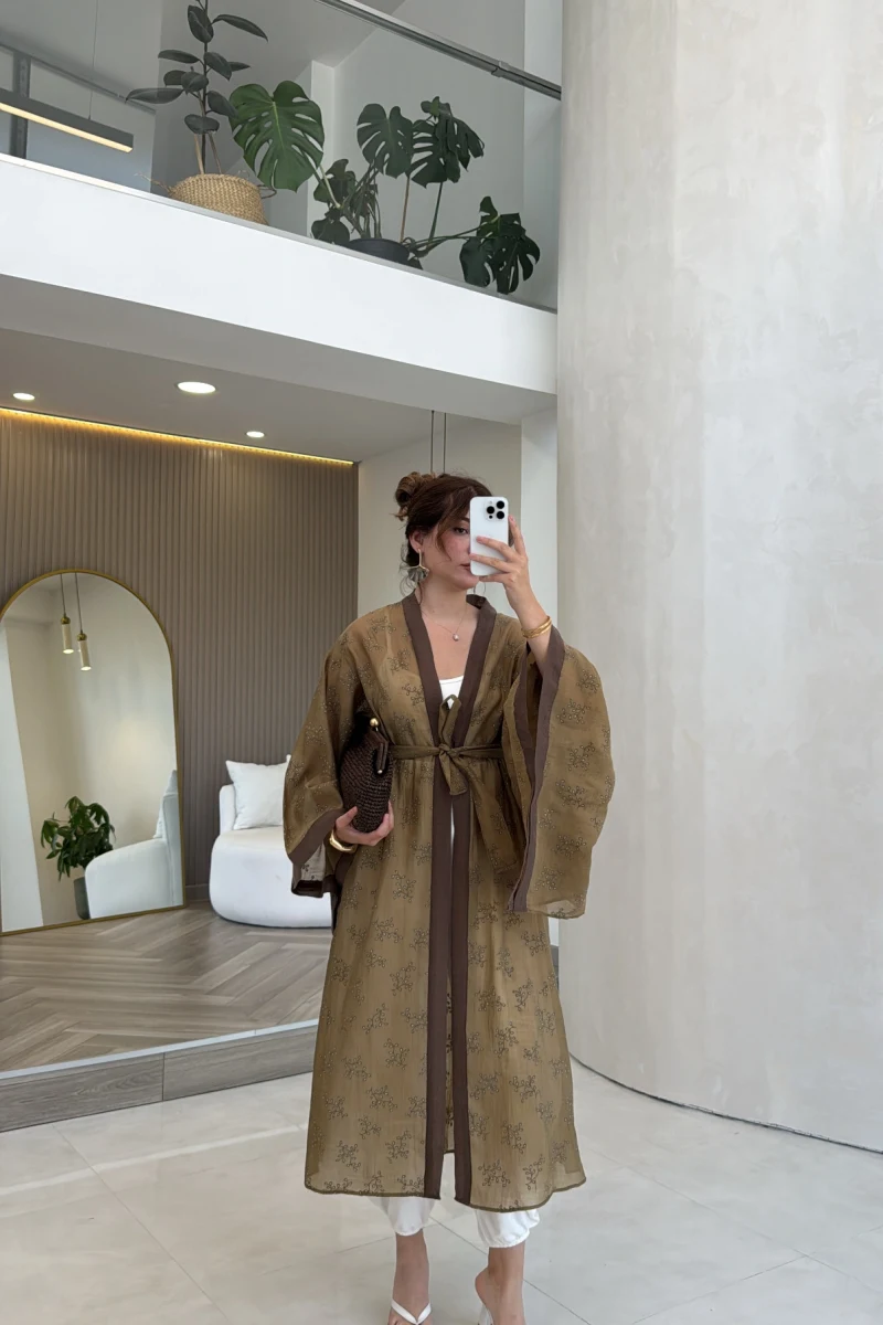 Kuşaklı Nakış İşlemeli Kimono - Olive - Kod: 5097
