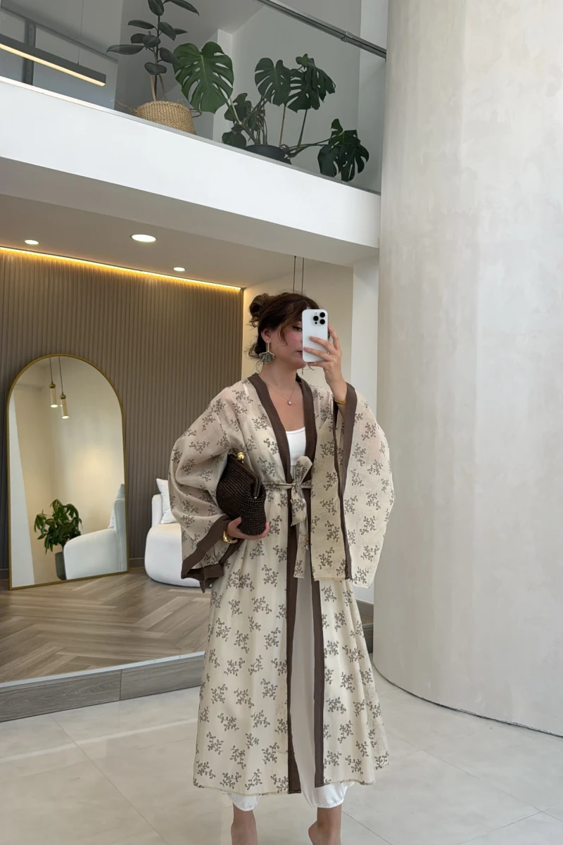 Kuşaklı Nakış İşlemeli Kimono - Taş - Kod: 5097