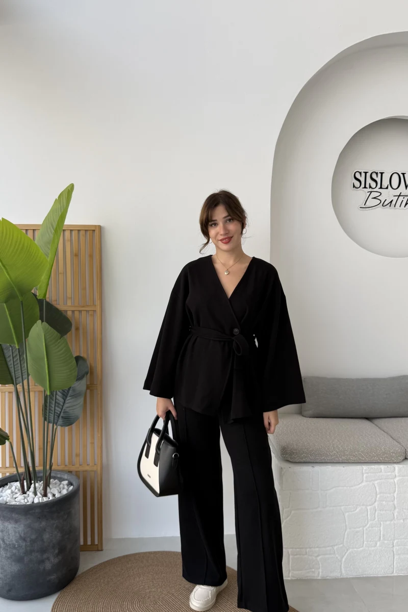 Kuşaklı Nervür Dikişli Örme Takım - Siyah - Kod: 8839