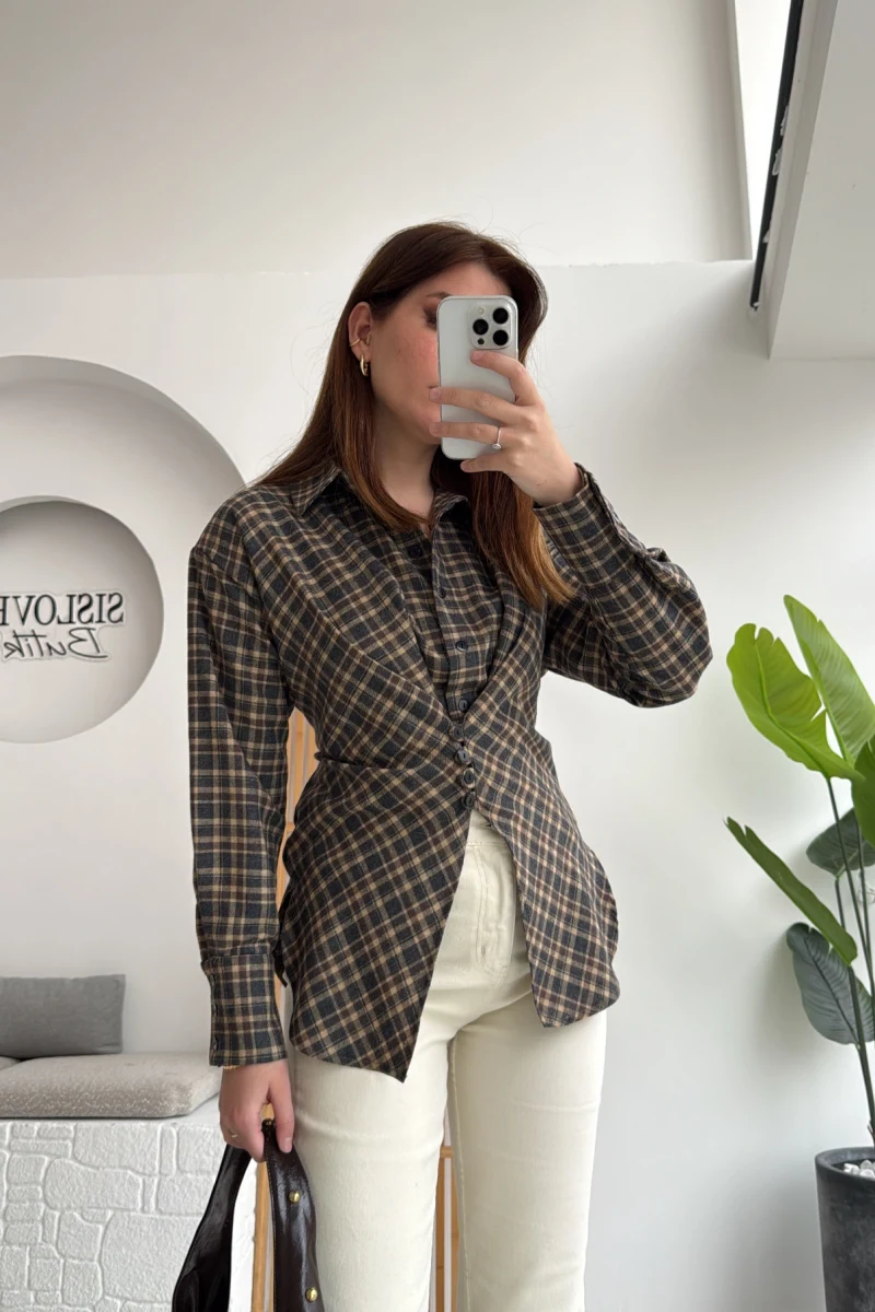 Kuşaklı Önden Düğmeli Ekose Gömlek - Kahverengi