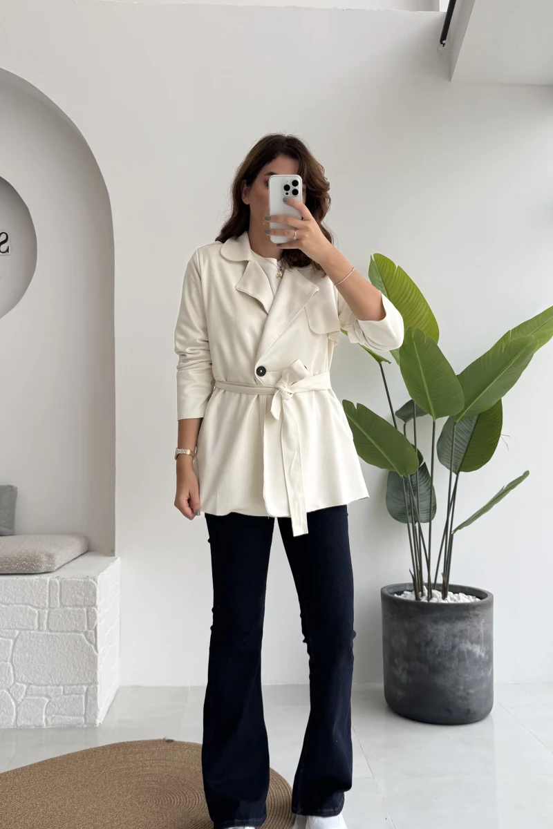 Kuşaklı Süet Trençkot - Kırık Beyaz