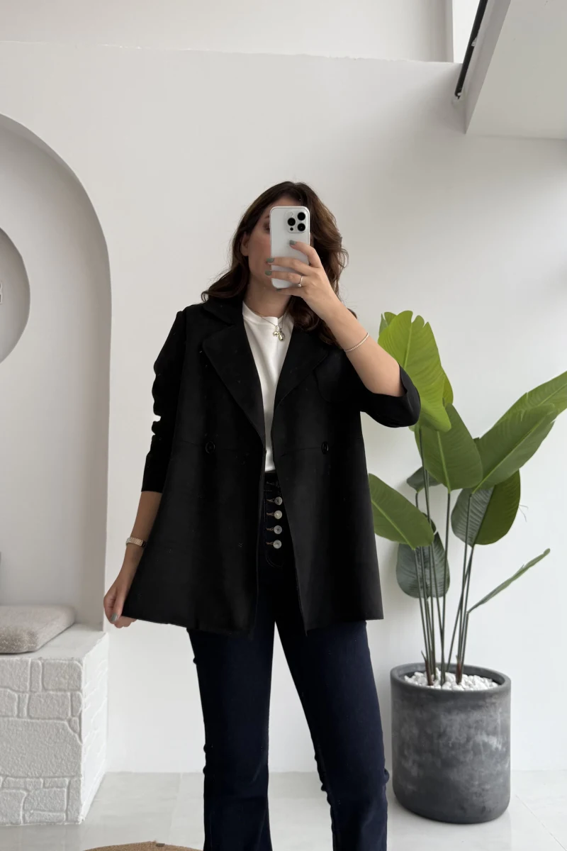 Kuşaklı Süet Trençkot - Siyah