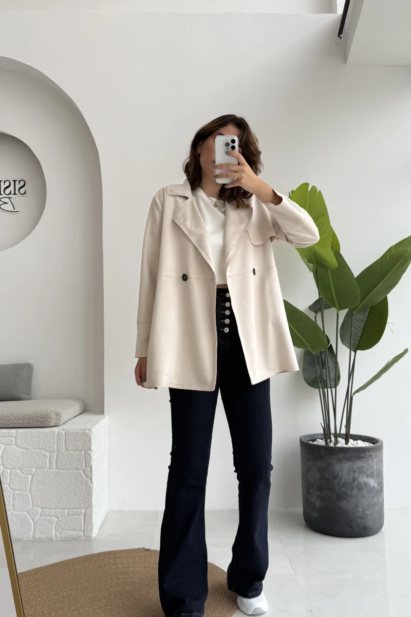 Kuşaklı Süet Trençkot - Taş