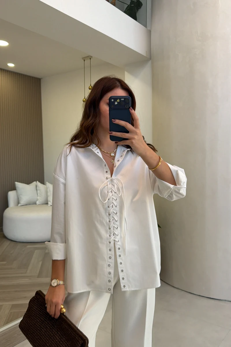Kuşgözü Oversize Gömlek - Beyaz - Kod: 5157
