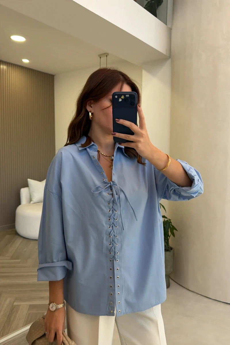 Kuşgözü Oversize Gömlek - Mavi - Kod: 5157