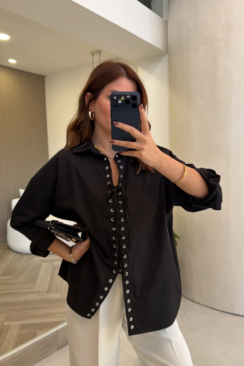 Kuşgözü Oversize Gömlek - Siyah - Kod: 5157