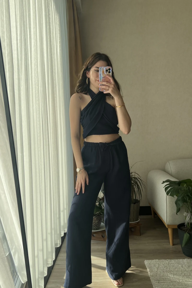 Lacivert Boyundan Bağlamalı Müslin Kumaş Takım