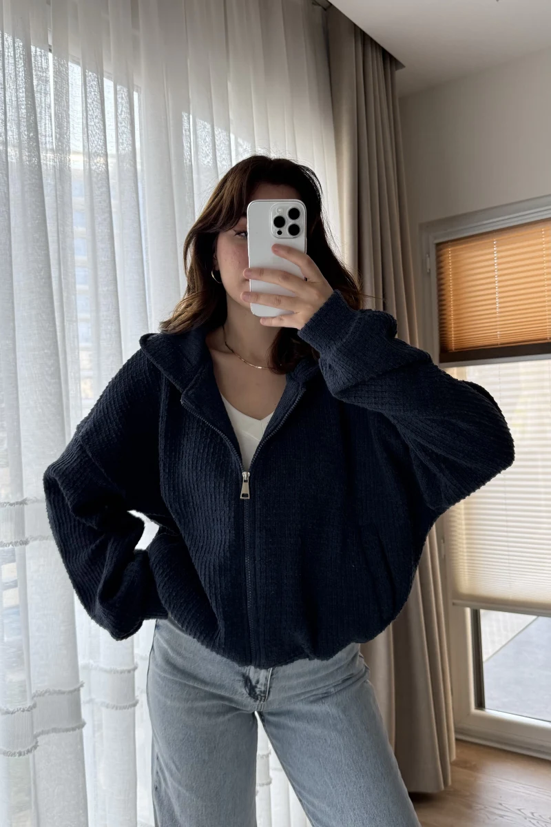 Lacivert Kapitone Kapüşonlu Hırka