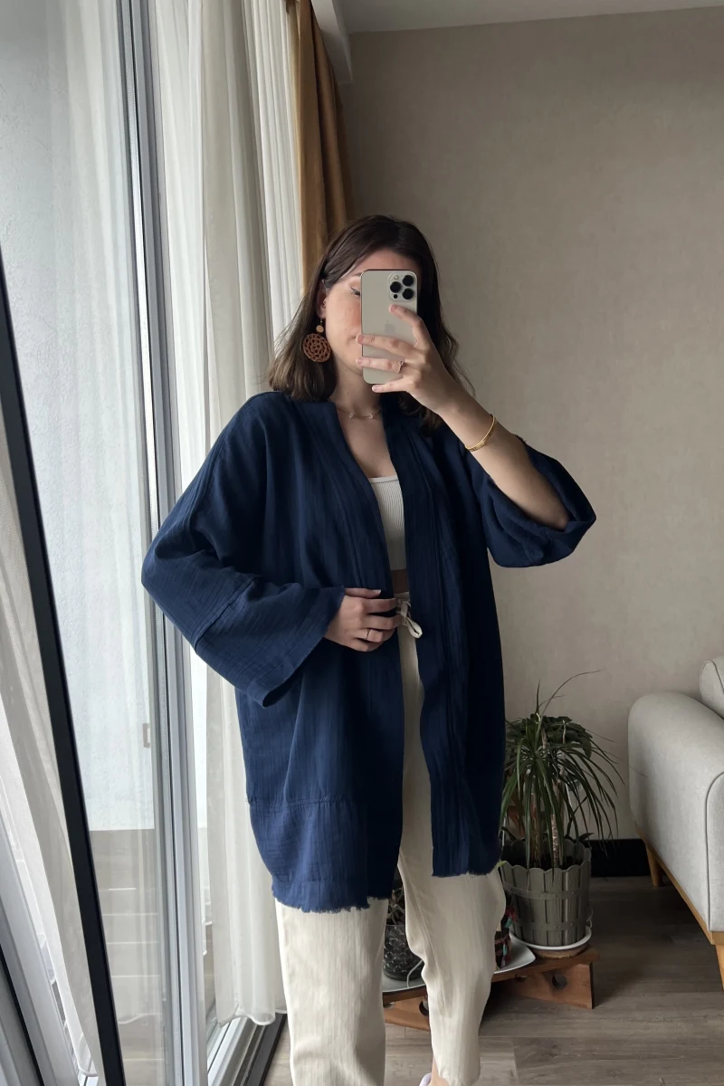 Lacivert Müslin Kumaş Kimono