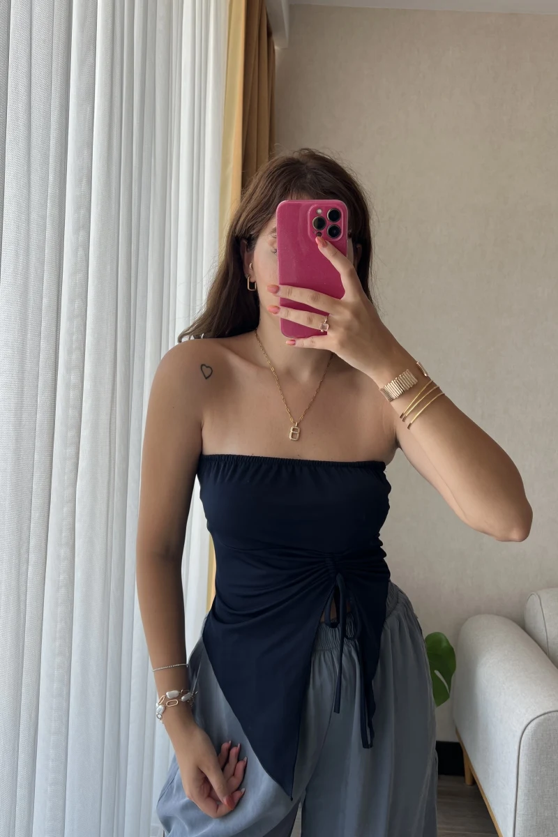 Lacivert Straplez Büzgülü Üst