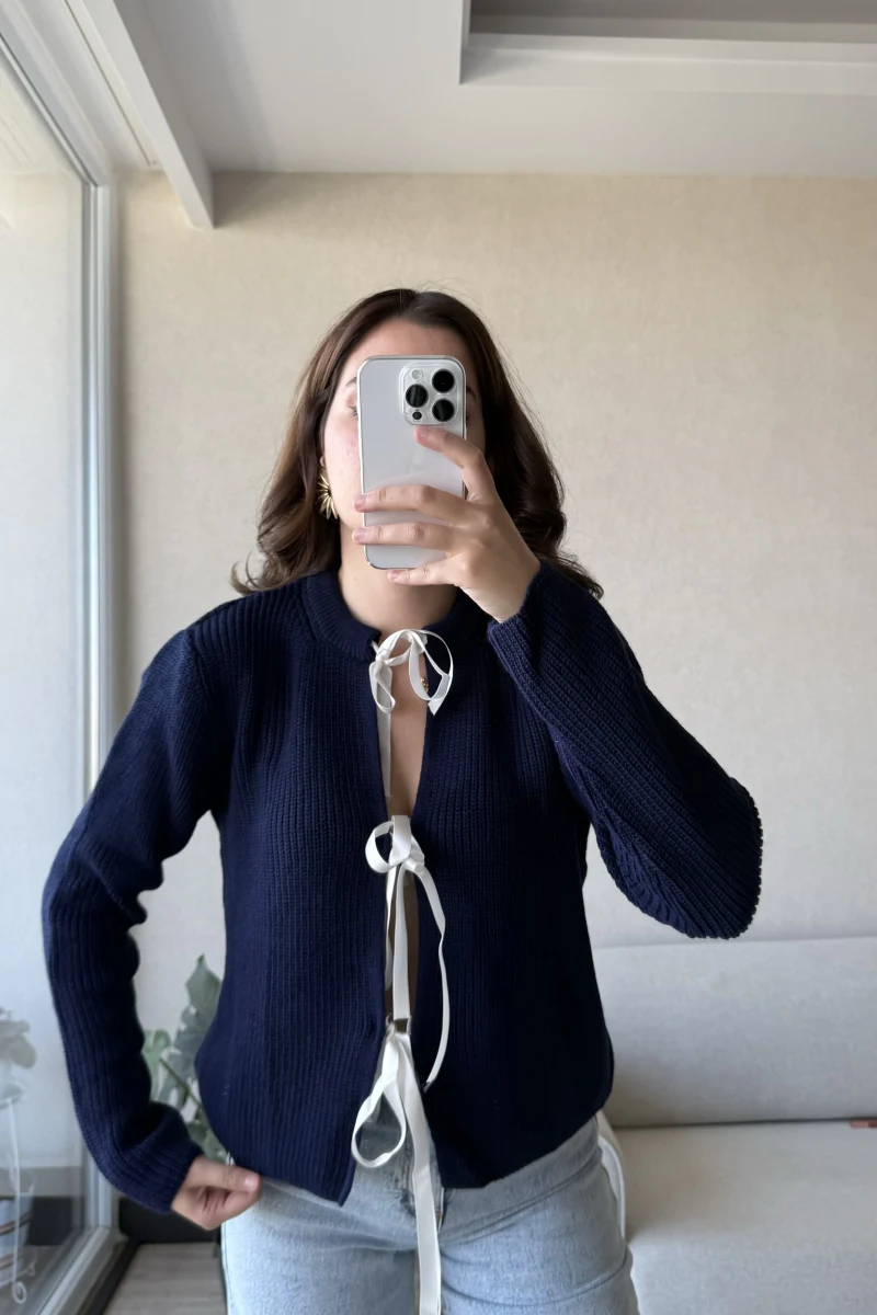 Lacivert Triko Bağlamalı Hırka