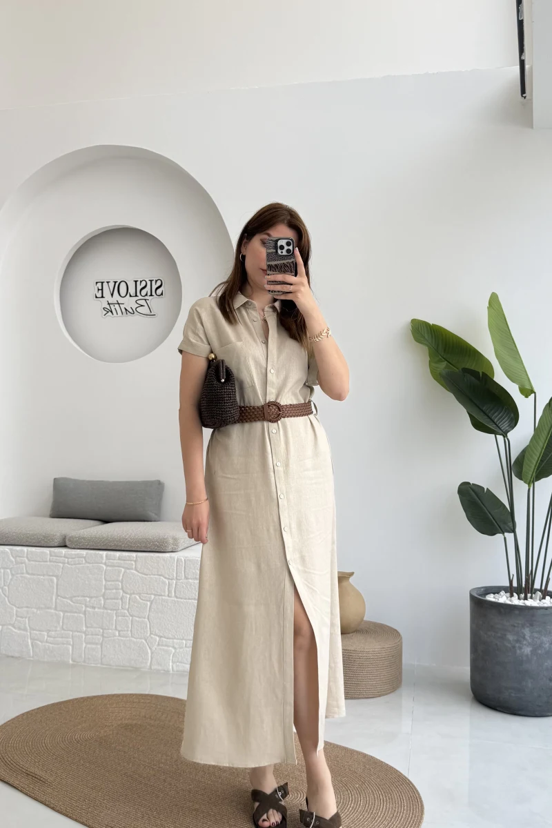 Lale Kısa Kollu Kemerli Gömlek Elbise - Taş- 3307