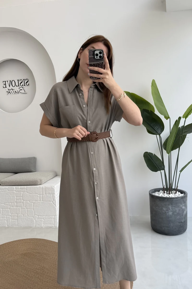 Lale Kısa Kollu Kemerli Gömlek Elbise - Vizon - 3307