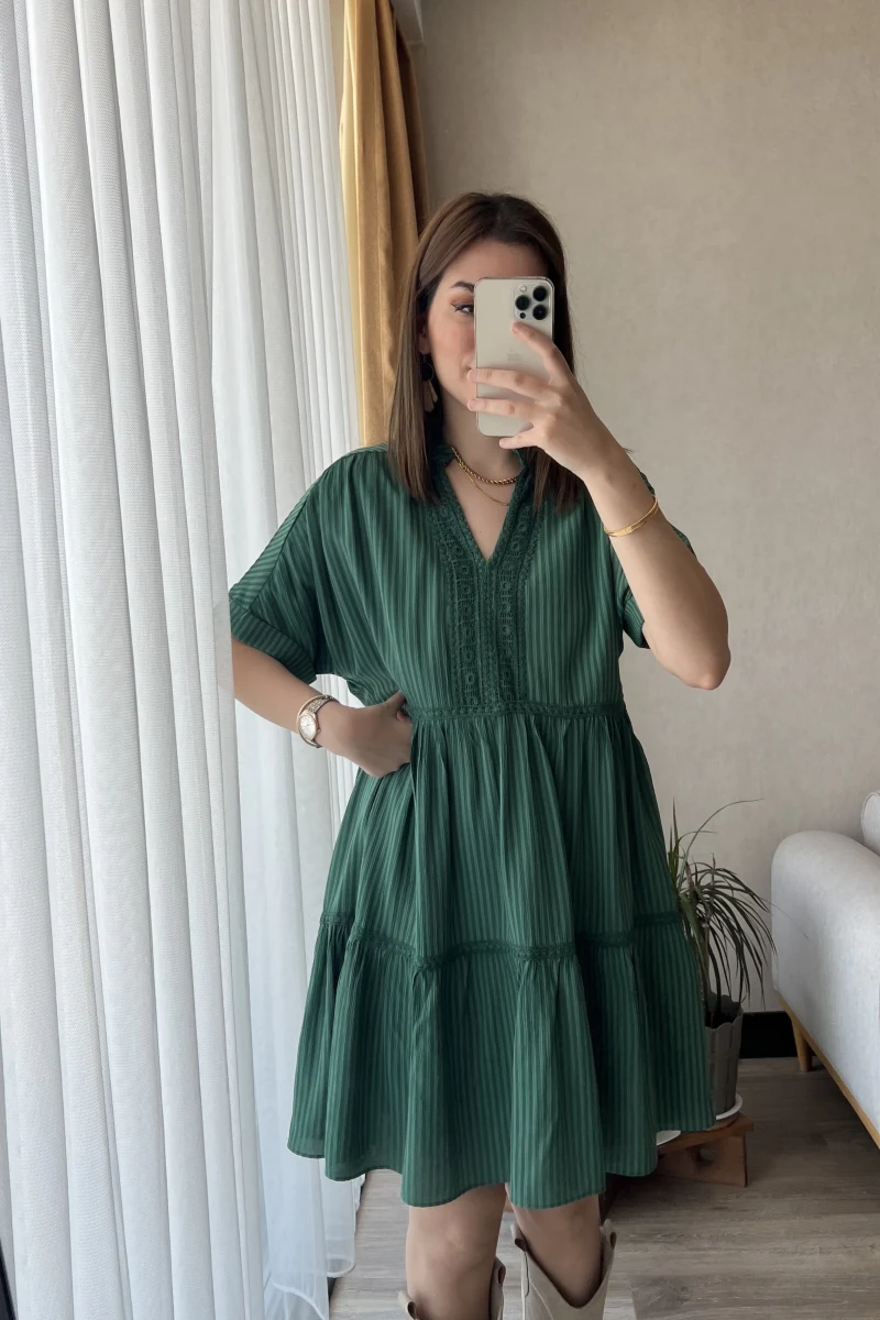 Larisa Petrol Yeşili Dantelli Elbise