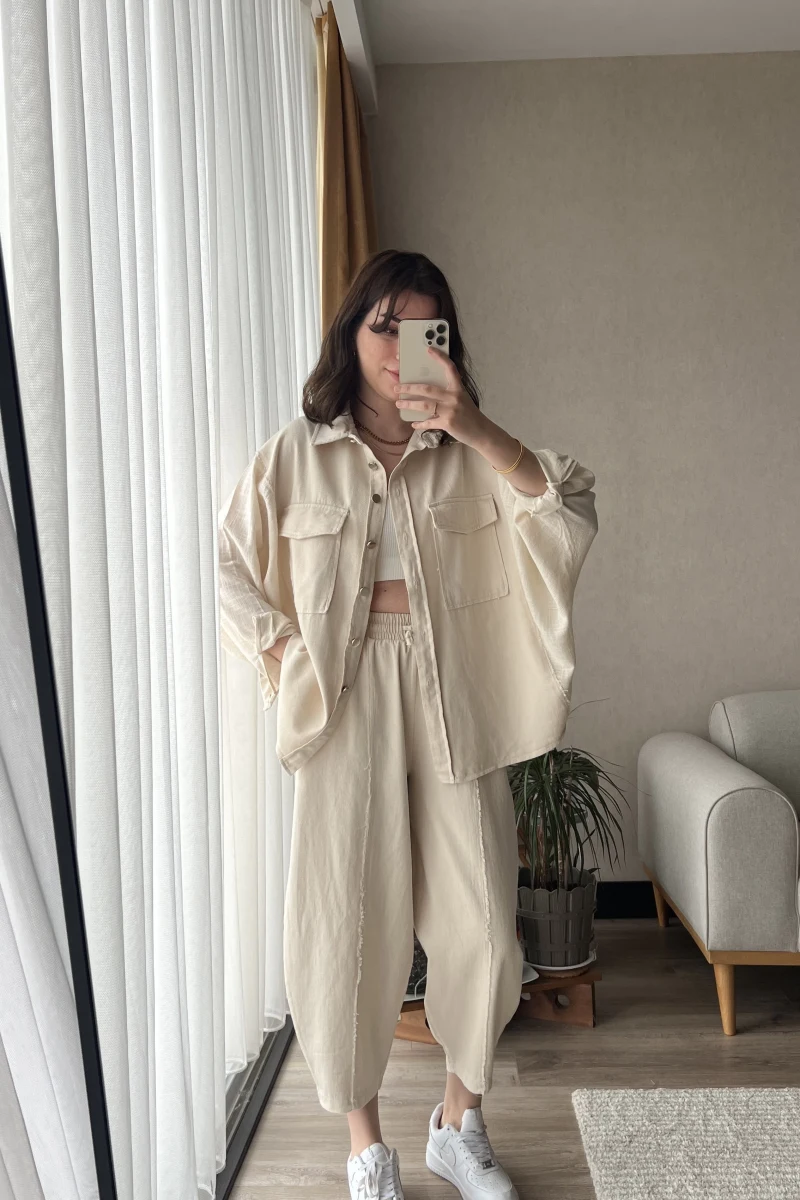 Lasha Krem Gömlek Şalvar Gabardin Takım