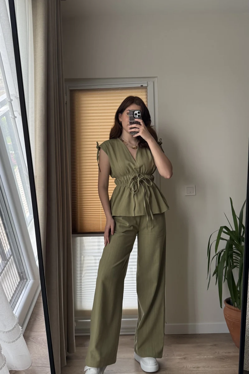 Lastik Detay Bluz Takım - Haki