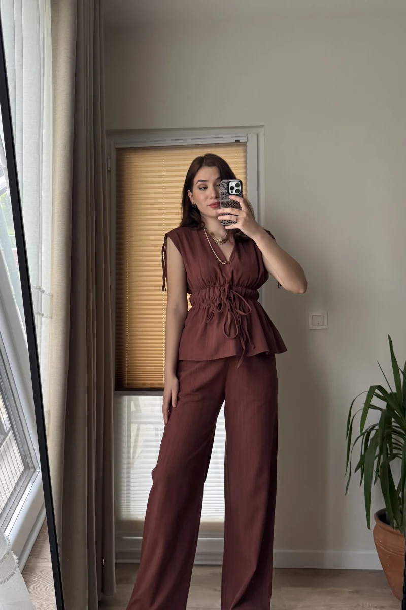 Lastik Detay Bluz Takım - Kiremit