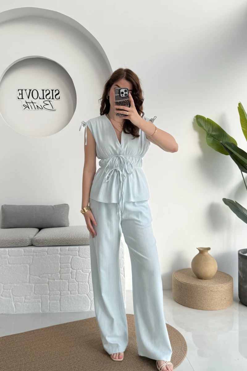 Lastik Detay Bluz Takım - Mavi