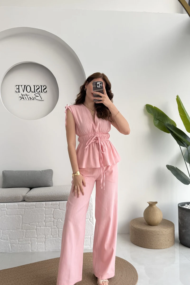 Lastik Detay Bluz Takım - Pembe