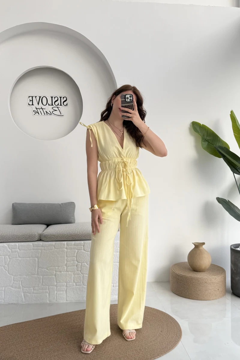 Lastik Detay Bluz Takım - Sarı