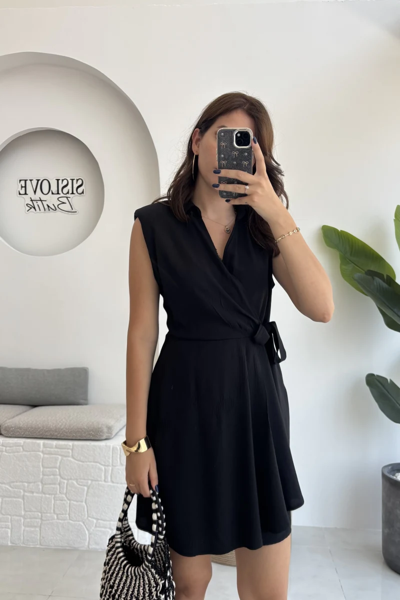 Laura Vatkalı Bürümcük Elbise - Siyah - 6021