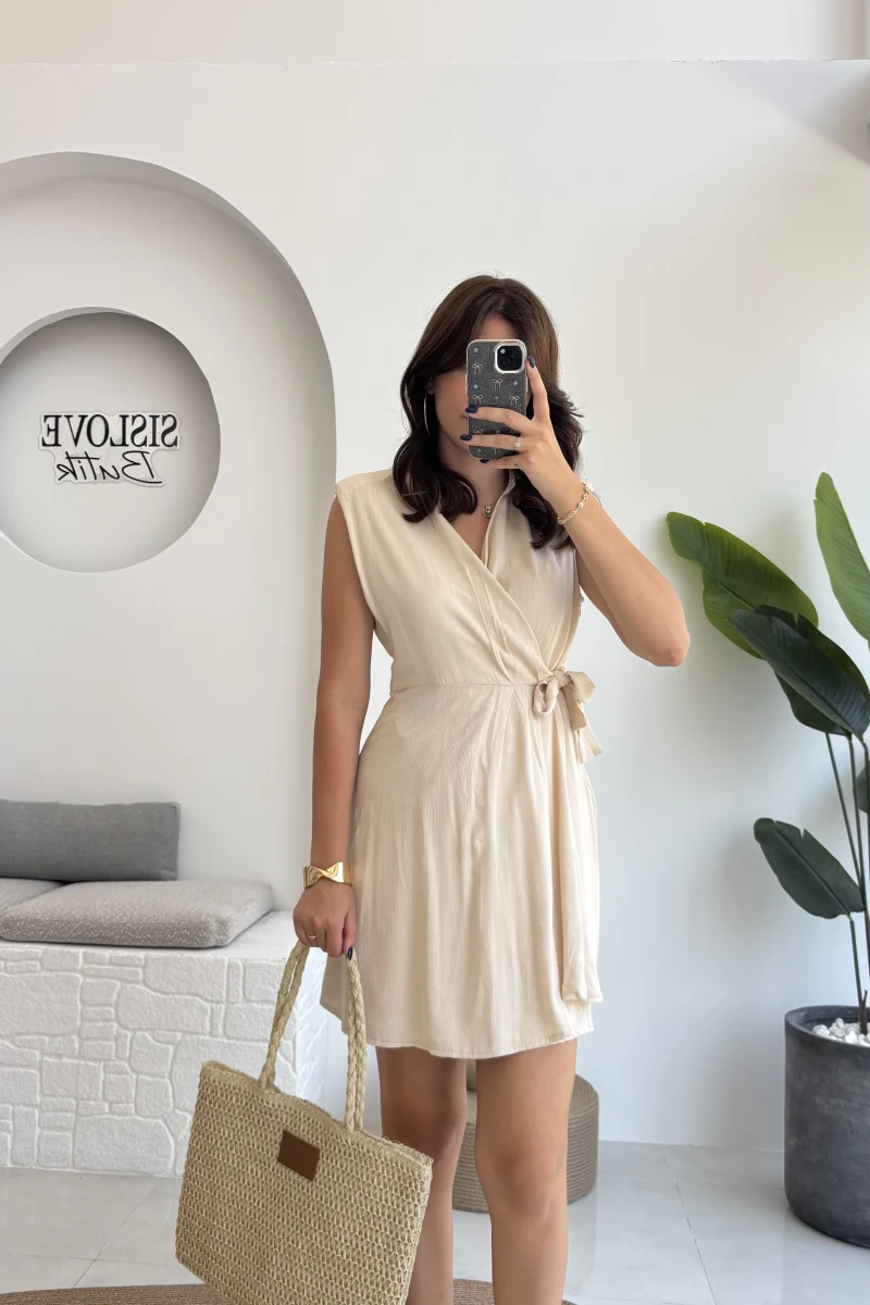 Laura Vatkalı Bürümcük Elbise - Taş - 6021