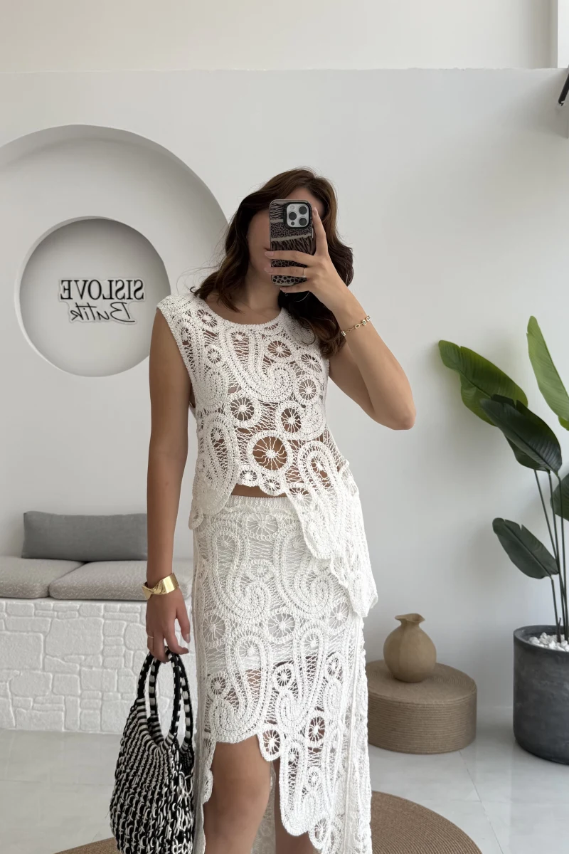 Lavina Dantel Etek Bluz - Kırık Beyaz - 38873