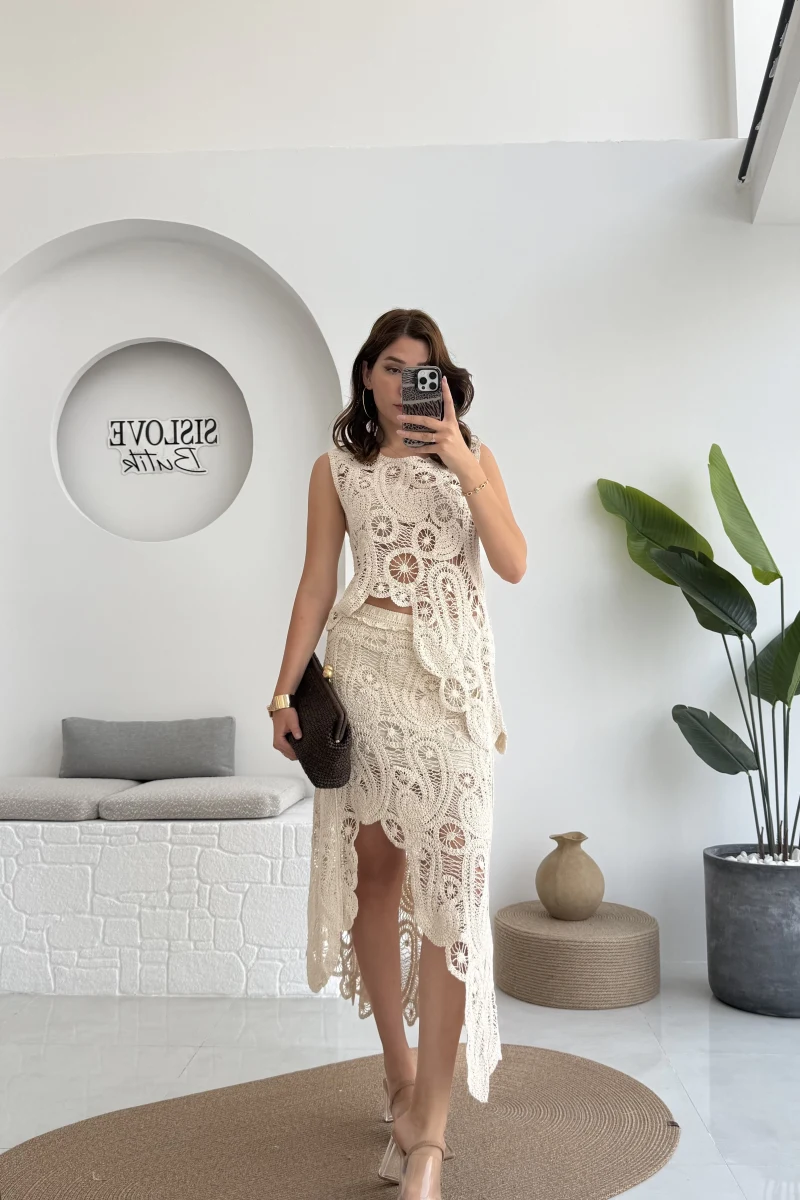 Lavina Dantel Etek Bluz - Natural - 38873