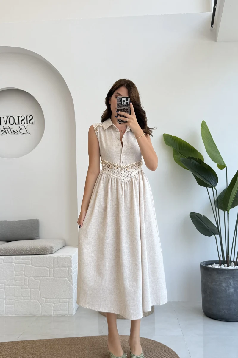 Layla Dantelli Deniz Kabuklu Keten Elbise - 6018