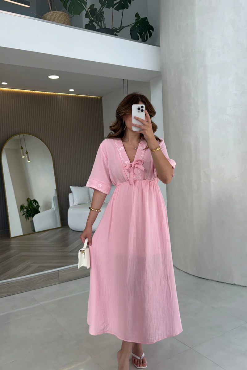 Leila Nakış Detaylı Müslin Elbise - Pembe - Kod: 1101