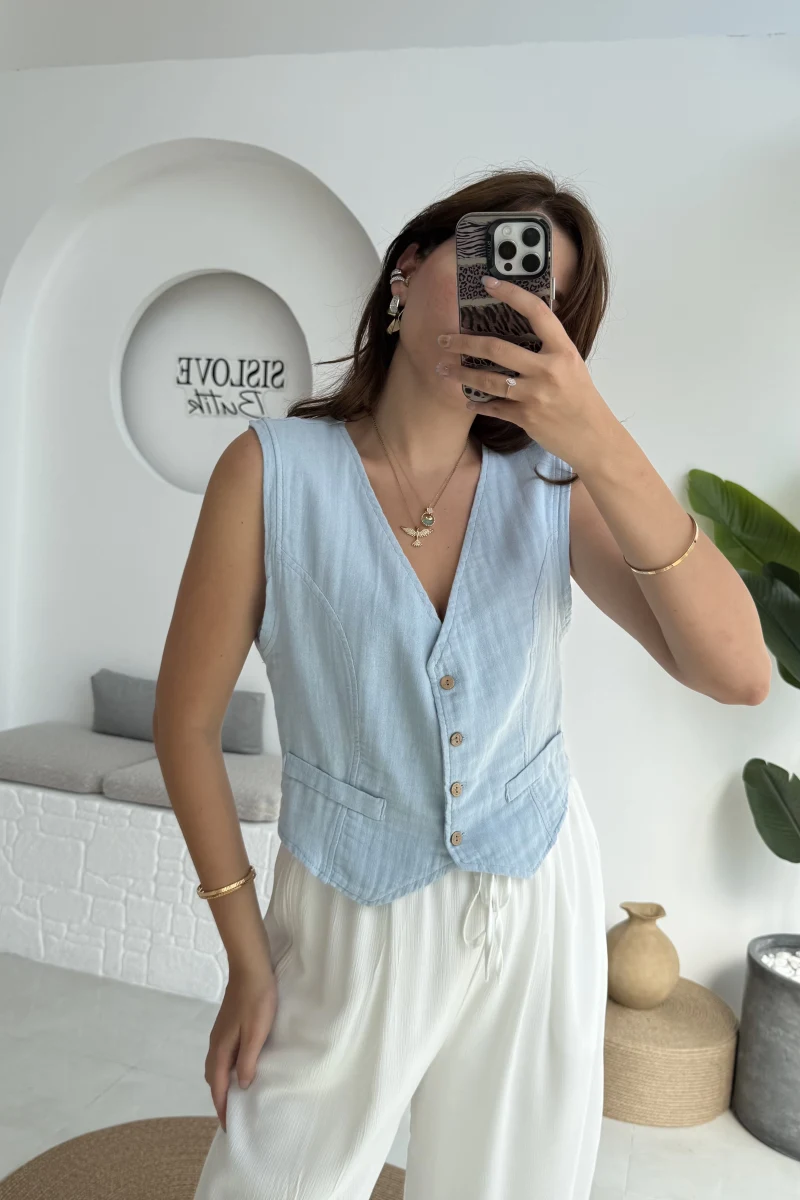 Lemon Düğmeli Kısa Yelek - Bebe Mavisi