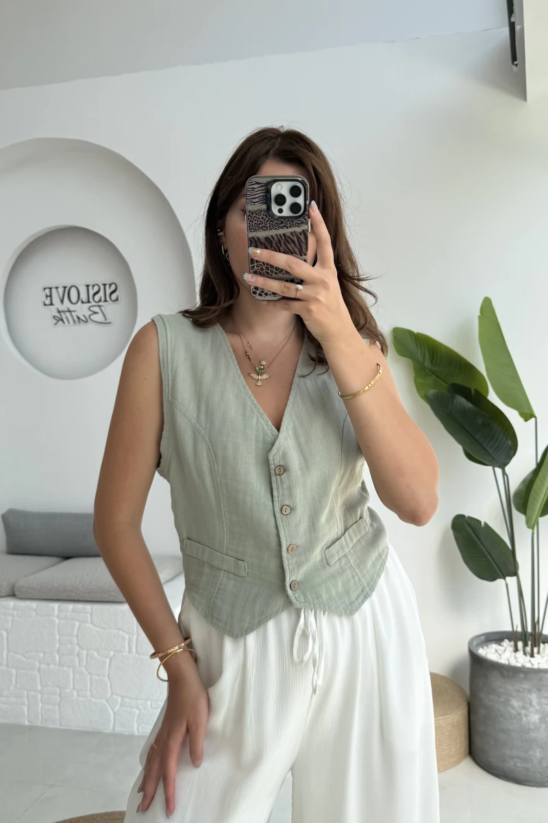Lemon Düğmeli Kısa Yelek - Mint