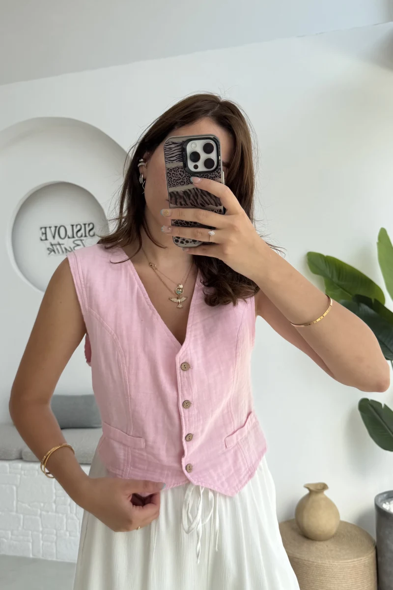 Lemon Düğmeli Kısa Yelek - Pembe