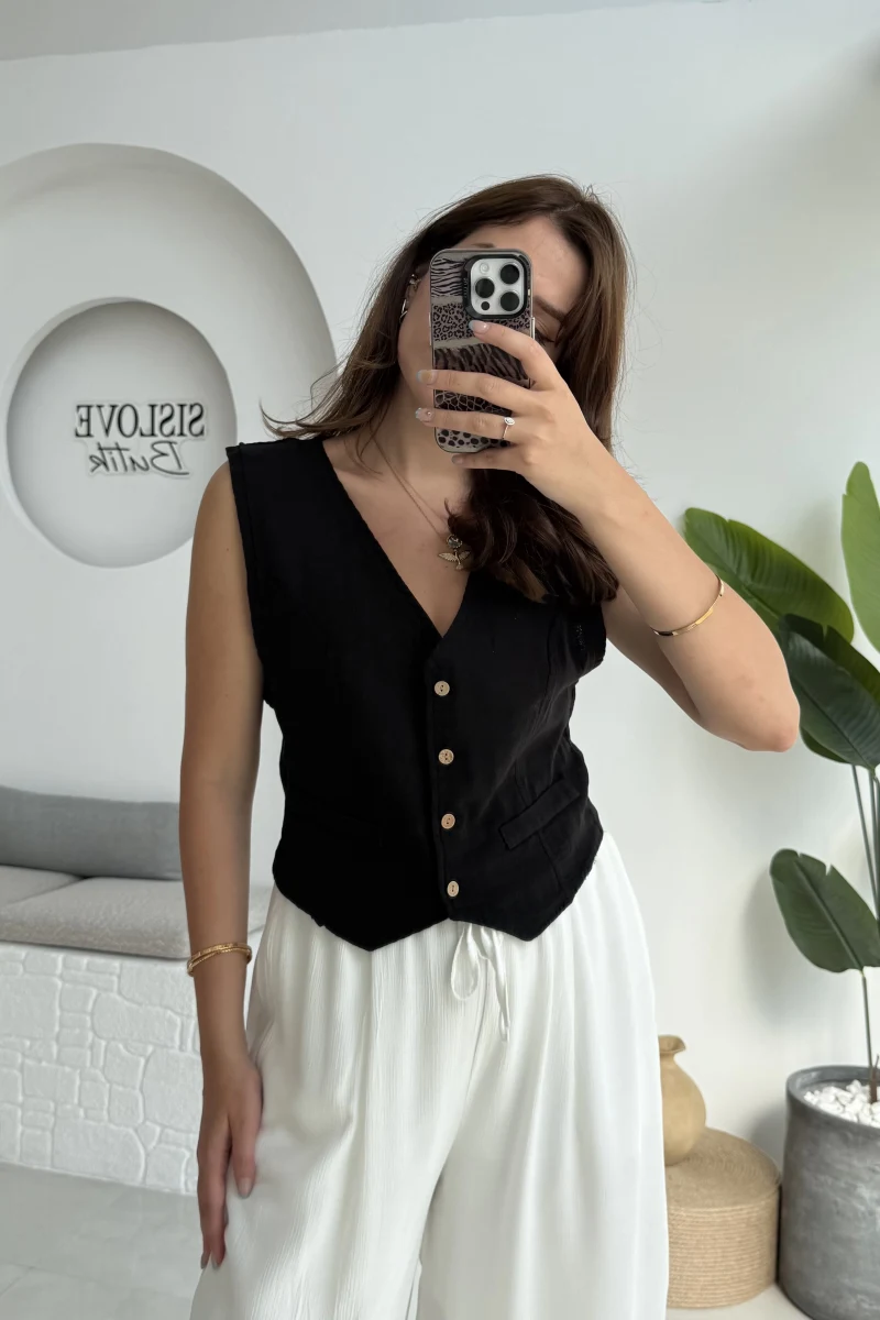 Lemon Düğmeli Kısa Yelek - Siyah