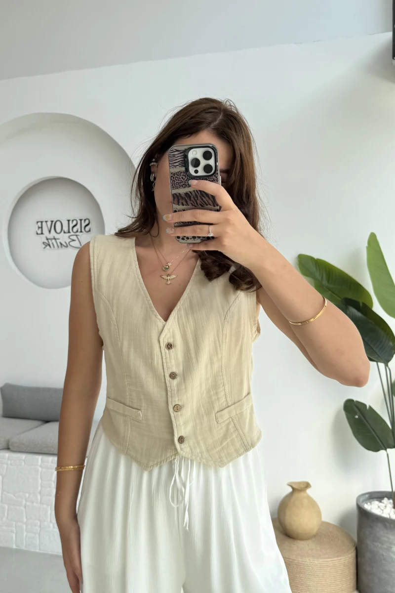 Lemon Düğmeli Kısa Yelek - Taş