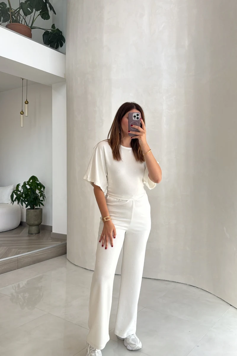 Lena Simli Modal Crop Takım - Ekru - Kod: 4162